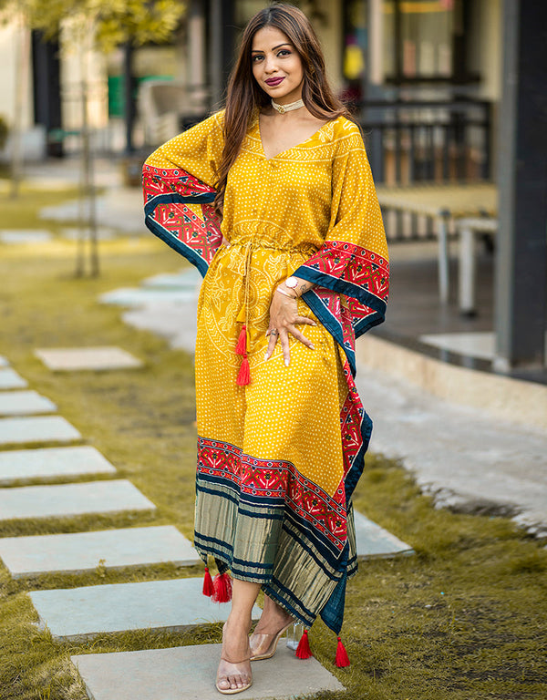 yellow gaji silk trendy designer party wear kaftan style dress bandhej digital print with gotta patti lace border also comes with tassels details for dress pr-prt19196 Front View