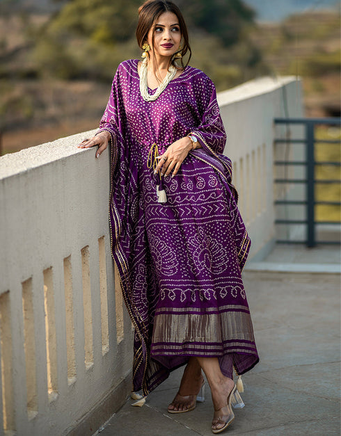 wine gaji silk trendy designer party wear kaftan style dress bandhej digital print with gotta patti lace border also comes with tassels details for dress pr-prt19198 Close-up View