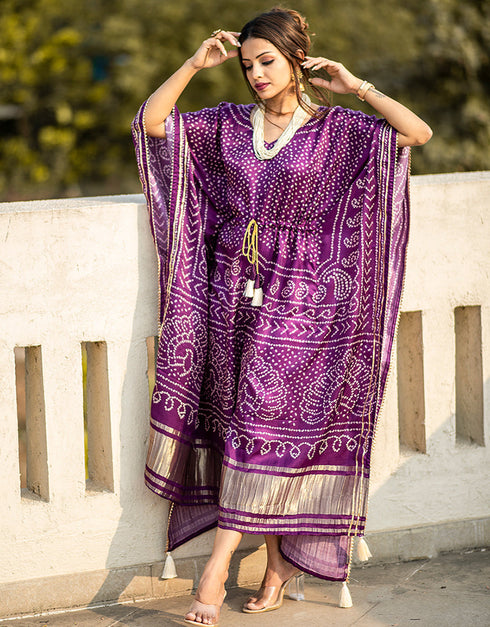 wine gaji silk trendy designer party wear kaftan style dress bandhej digital print with gotta patti lace border also comes with tassels details for dress pr-prt19198 Back View