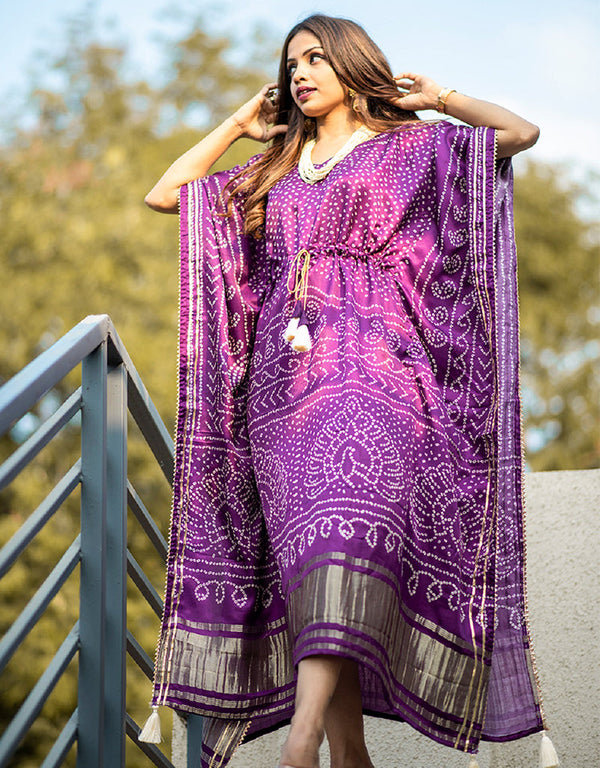 wine gaji silk trendy designer party wear kaftan style dress bandhej digital print with gotta patti lace border also comes with tassels details for dress pr-prt19198 Front View