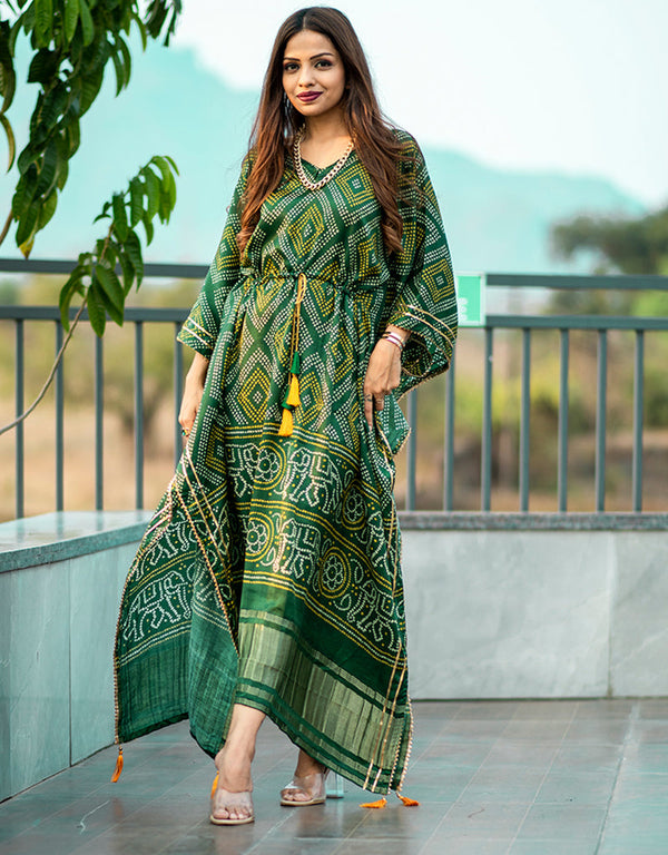 green gaji silk trendy designer party wear kaftan style dress bandhej digital print with gotta patti lace border also comes with tassels details for dress pr-prt19199 Front View