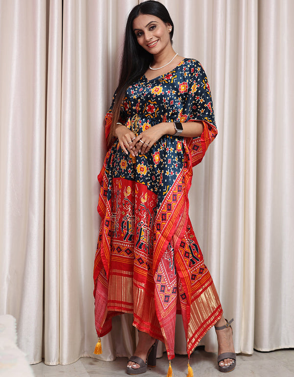 multi pure gaji silk trendy designer party wear kaftan style dress bandhej digital print with gotta patti lace border also comes with tassels details for dress pr-prt19200 Front View