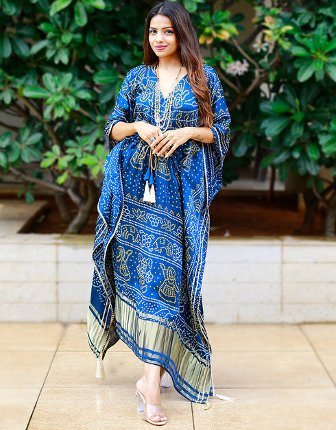 blue pure gaji silk trendy designer party wear kaftan style dress bandhej digital print with gotta patti lace border also comes with tassels details for dress pr-prt19201 Close-up View