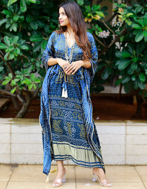 blue pure gaji silk trendy designer party wear kaftan style dress bandhej digital print with gotta patti lace border also comes with tassels details for dress pr-prt19201 Additional Angles