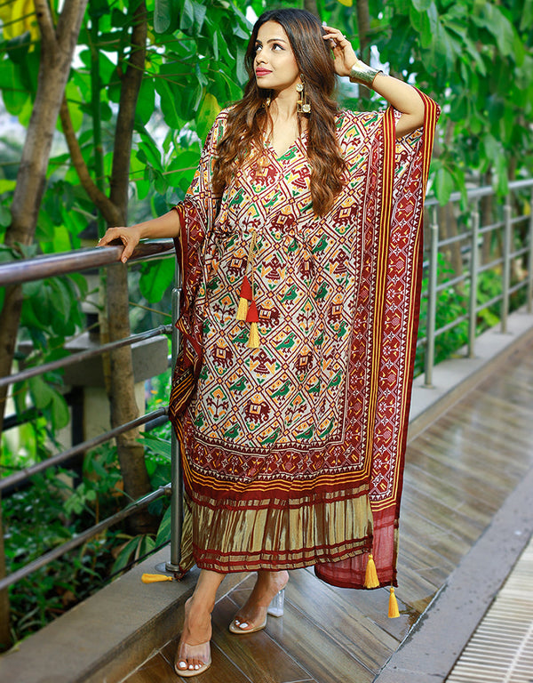 marron pure gaji silk trendy designer party wear kaftan style dress bandhej digital print with gotta patti lace border also comes with tassels details for dress pr-prt19202 Front View