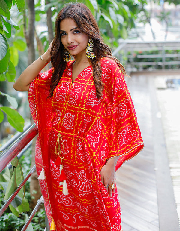 red pure gaji silk trendy designer party wear kaftan style dress bandhej digital print with gotta patti lace border also comes with tassels details for dress pr-prt19203 Front View