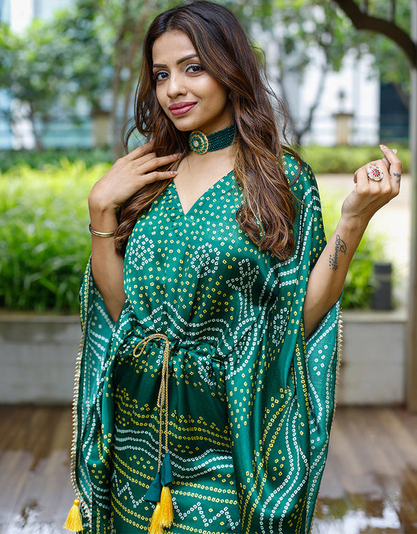 green pure gaji silk trendy designer party wear kaftan style dress bandhej digital print with gotta patti lace border also comes with tassels details for dress pr-prt19204 Front View