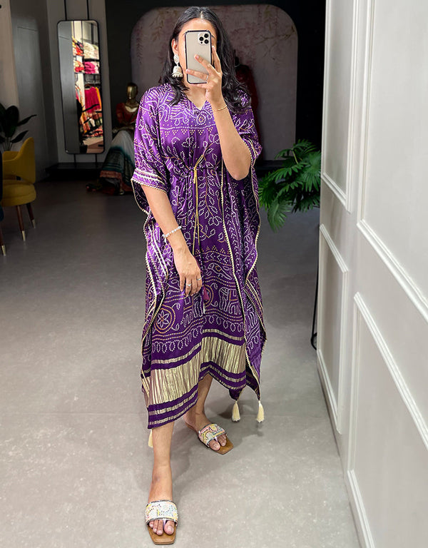 purple pure gaji silk trendy designer party wear kaftan style dress bandhej digital print with gotta patti lace border also comes with tassels details for dress pr-prt19205 Front View