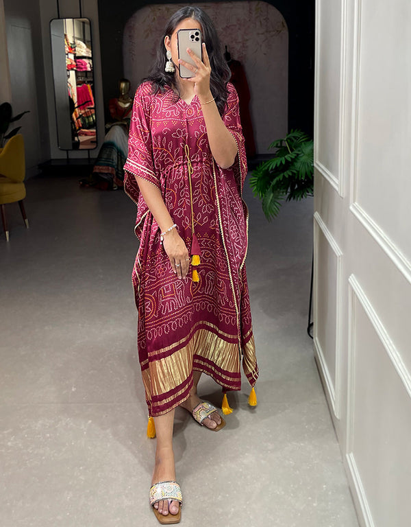 marron pure gaji silk trendy designer party wear kaftan style dress bandhej digital print with gotta patti lace border also comes with tassels details for dress pr-prt19206 Front View