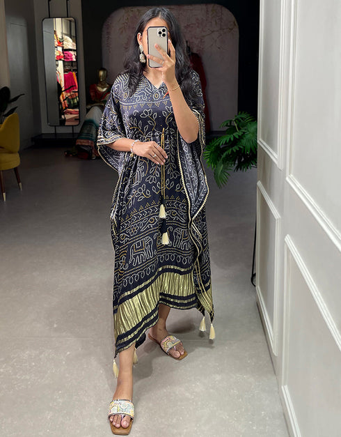 black pure gaji silk trendy designer party wear kaftan style dress bandhej digital print with gotta patti lace border also comes with tassels details for dress pr-prt19207 Close-up View