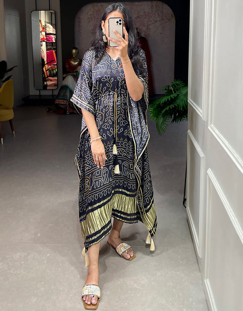 black pure gaji silk trendy designer party wear kaftan style dress bandhej digital print with gotta patti lace border also comes with tassels details for dress pr-prt19207 Back View