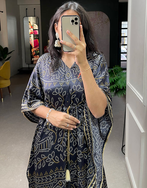 black pure gaji silk trendy designer party wear kaftan style dress bandhej digital print with gotta patti lace border also comes with tassels details for dress pr-prt19207 Additional Angles