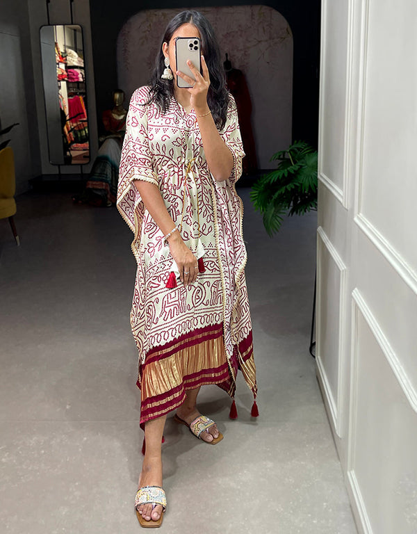 cream pure gaji silk trendy designer party wear kaftan style dress bandhej digital print with gotta patti lace border also comes with tassels details for dress pr-prt19208 Front View