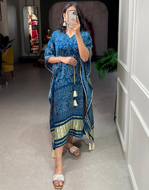 blue pure gaji silk trendy designer party wear kaftan style dress bandhej digital print with gotta patti lace border also comes with tassels details for dress pr-prt19209 Front View