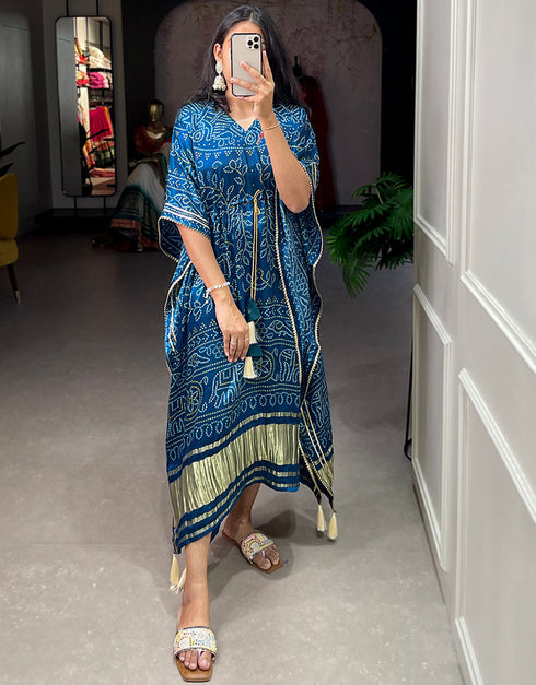 blue pure gaji silk trendy designer party wear kaftan style dress bandhej digital print with gotta patti lace border also comes with tassels details for dress pr-prt19209 Close-up View