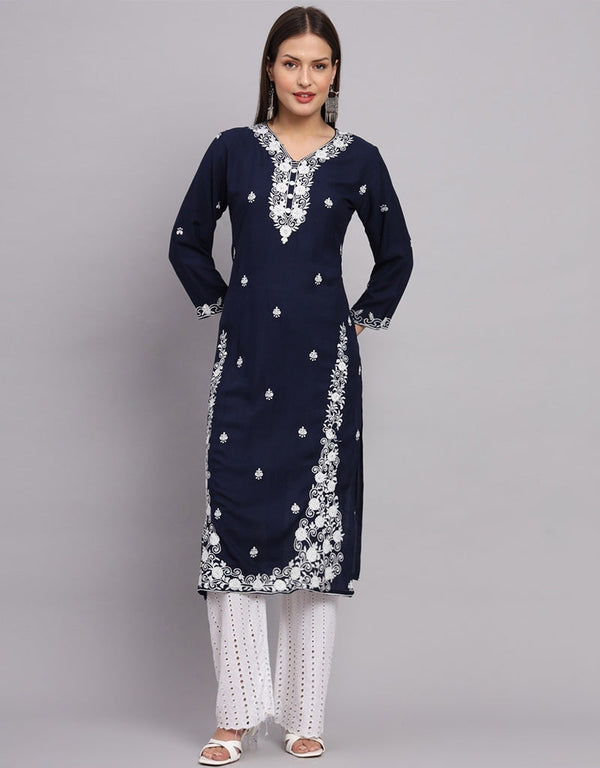 elegant embroidery work rayon designer readymade kurti collection with navy blue 13424-prt19277 Front View