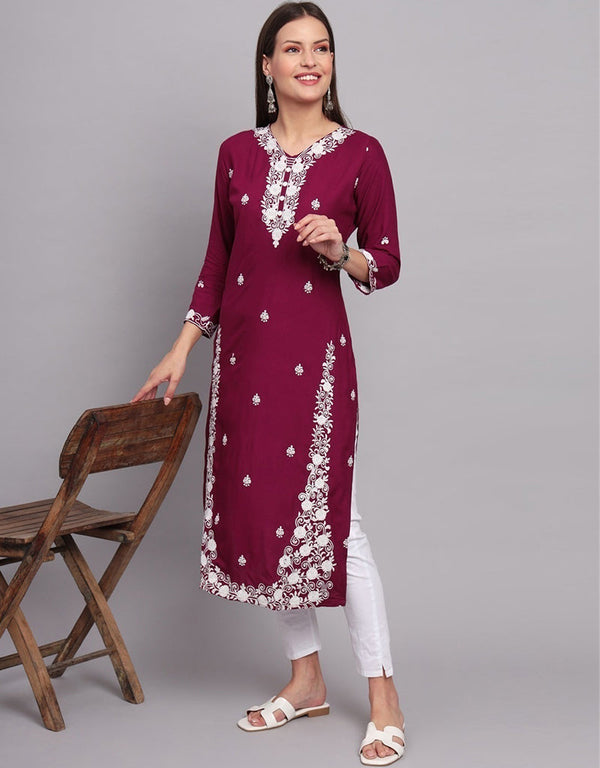 fashionable embroidery work rayon designer readymade kurti collection with wine 13424-prt19278 Front View