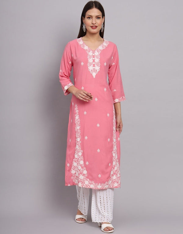 sleek embroidery work rayon designer readymade kurti collection with pink 13424-prt19279 Front View
