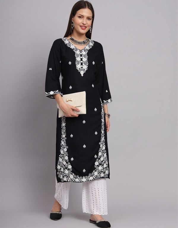 sophisticated embroidery work rayon designer readymade kurti collection with black 13424-prt19281 Front View