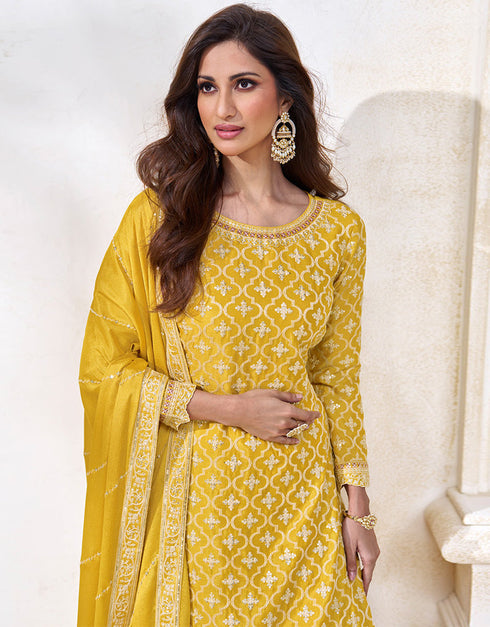 stylish yellow chinon heavy designer suit collection here with multi colour chinon 13429-prt19300 Close-up View
