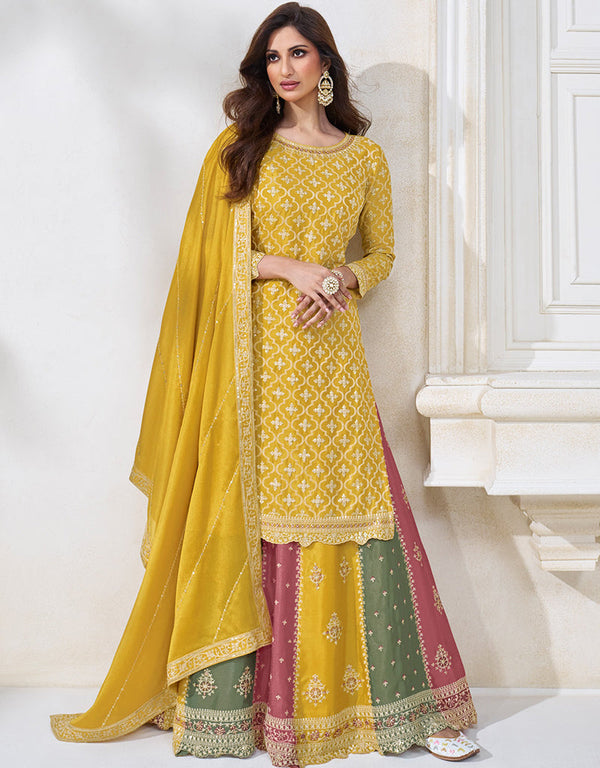stylish yellow chinon heavy designer suit collection here with multi colour chinon 13429-prt19300 Front View