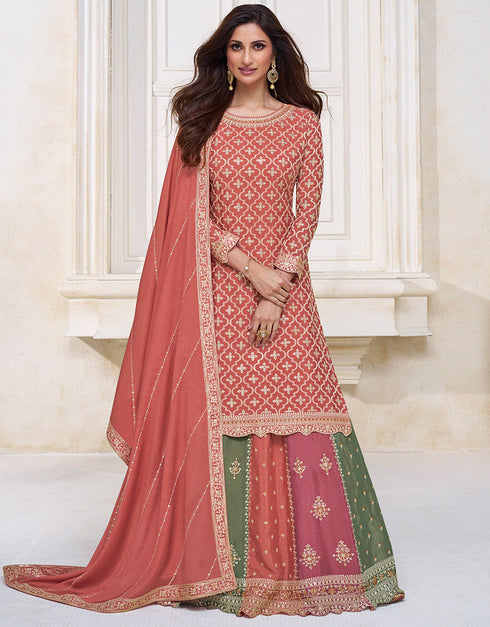 trendy orange chinon heavy designer suit collection here with multi colour chinon 13429-prt19302 Front View