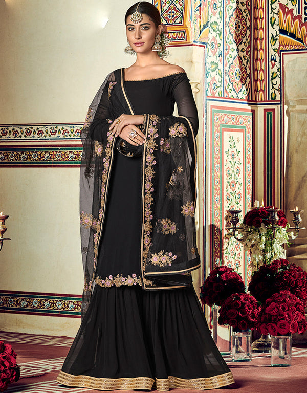 classy black georgette heavy designer suit collection here with black grgetsntn 13438-prt19372 Front View