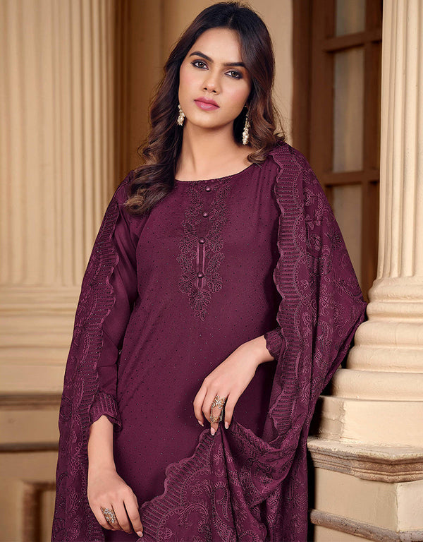 chic wine rangoli silk heavy designer suit collection here with wine rangoli silk 13439-prt19374 Front View