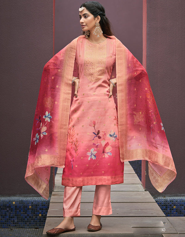 fashionable peach chanderi jacquard heavy designer suit collection here with peach pure viscose 13440-prt19377 Front View