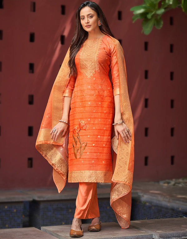 sophisticated orange chanderi jacquard heavy designer suit collection here with orange pure viscose 13440-prt19380 Front View
