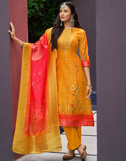 glamorous yellow chanderi jacquard heavy designer suit collection here with yellow pure viscose 13440-prt19381 Front View