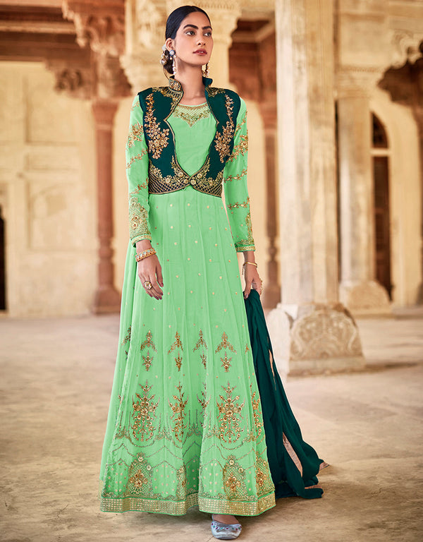 stylish parrot green faux georgette heavy designer suit collection here with parrot green dull santoon 13445-prt19402 Front View