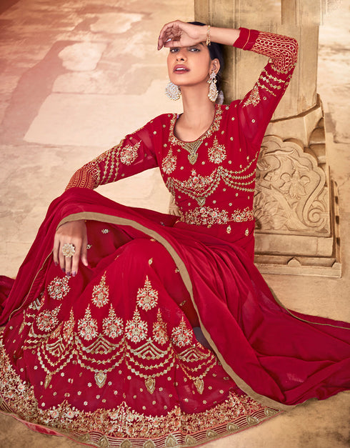 chic red faux georgette heavy designer suit collection here with red dull santoon 13445-prt19403 Close-up View