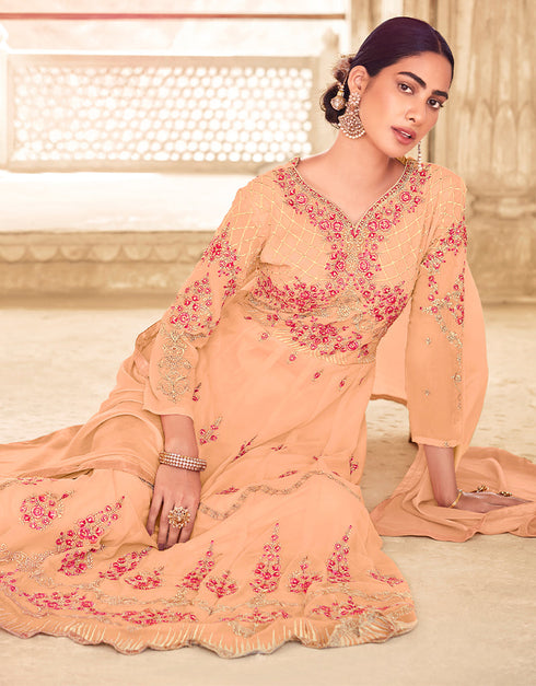 trendy peach faux georgette heavy designer suit collection here with peach dull santoon 13445-prt19404 Close-up View