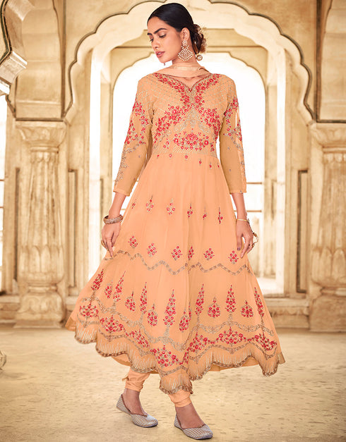 trendy peach faux georgette heavy designer suit collection here with peach dull santoon 13445-prt19404 Front View