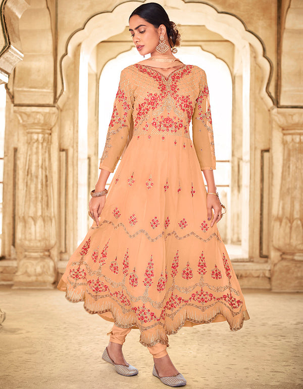 trendy peach faux georgette heavy designer suit collection here with peach dull santoon 13445-prt19404 Front View