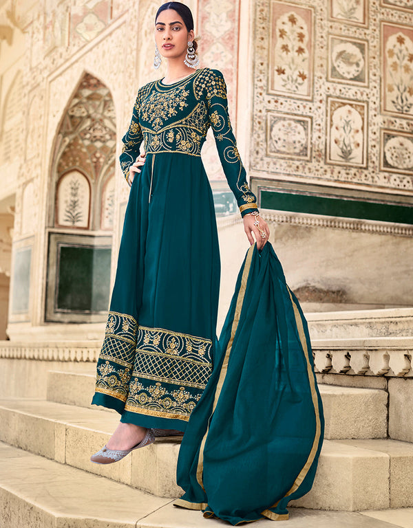 elegant teal blue faux georgette heavy designer suit collection here with teal blue dull santoon 13445-prt19405 Front View