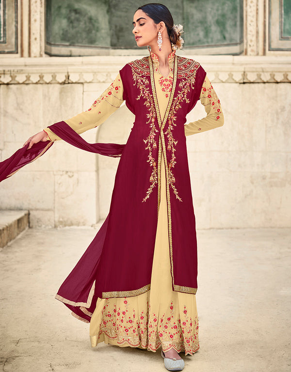 fashionable cream faux georgette heavy designer suit collection here with cream dull santoon 13445-prt19406 Front View