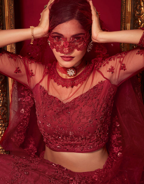 sleek marron net with silk trendy designer party wear lehenga choli with marron net with silk 13446-prt19407 Close-up View