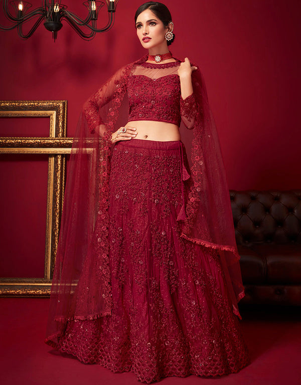 sleek marron net with silk trendy designer party wear lehenga choli with marron net with silk 13446-prt19407 Front View