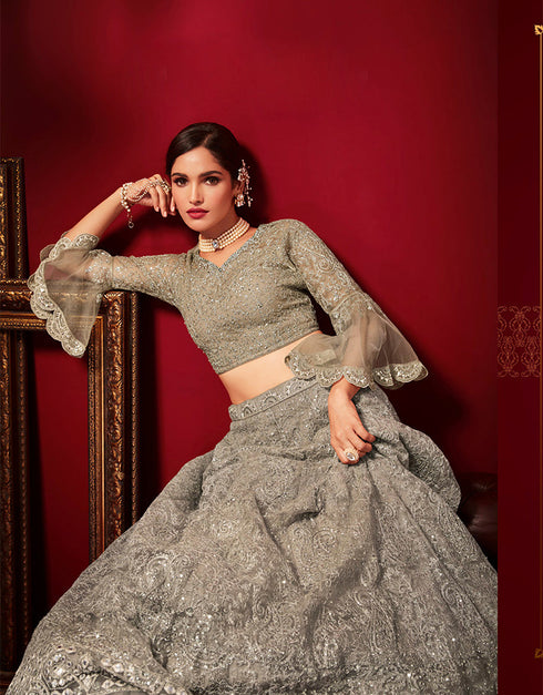 modern grey net with silk trendy designer party wear lehenga choli with grey net with silk 13446-prt19408 Close-up View