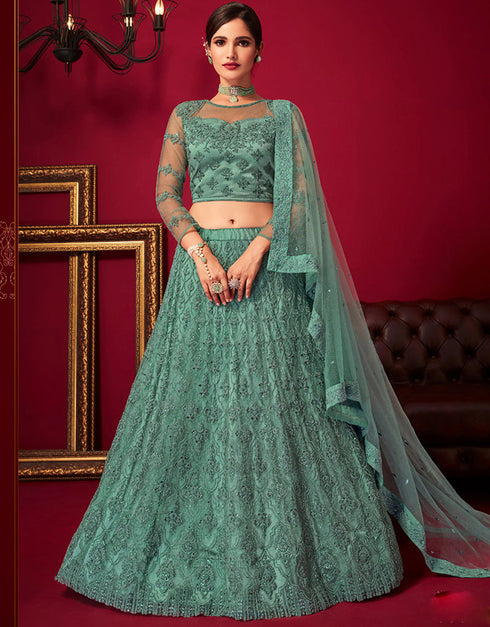 sophisticated turquoise net with silk trendy designer party wear lehenga choli with turquoise net with silk 13446-prt19409 Front View