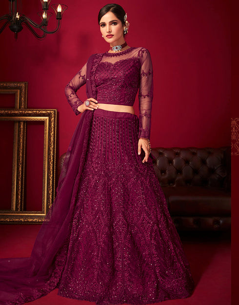 contemporary plum net with silk trendy designer party wear lehenga choli with plum net with silk 13446-prt19411 Front View