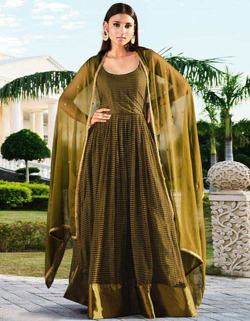 classy olive handllom fabrics with jacket designer party wear readymade salwar suit with olive santoon 13447-prt19412 Close-up View