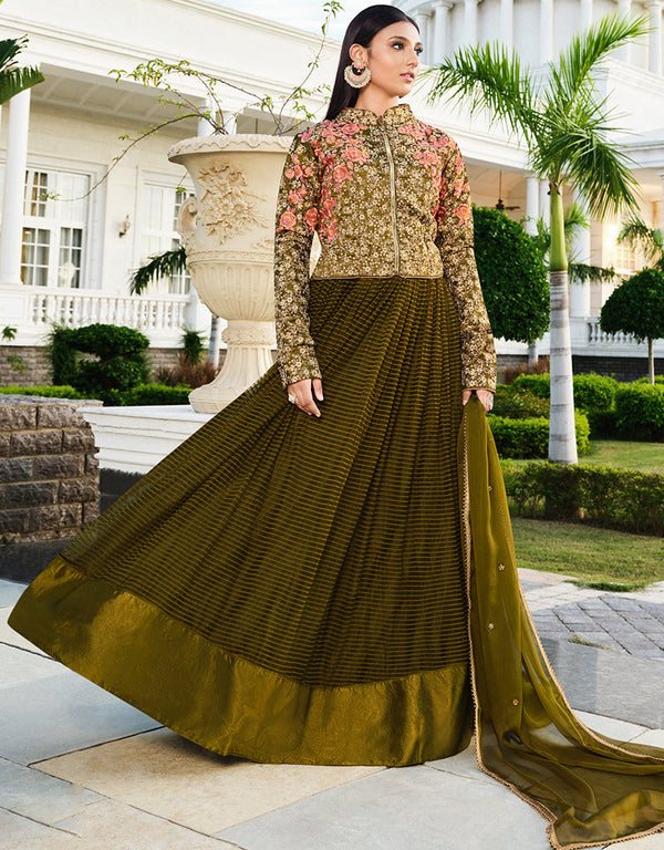classy olive handllom fabrics with jacket designer party wear readymade salwar suit with olive santoon 13447-prt19412 Front View