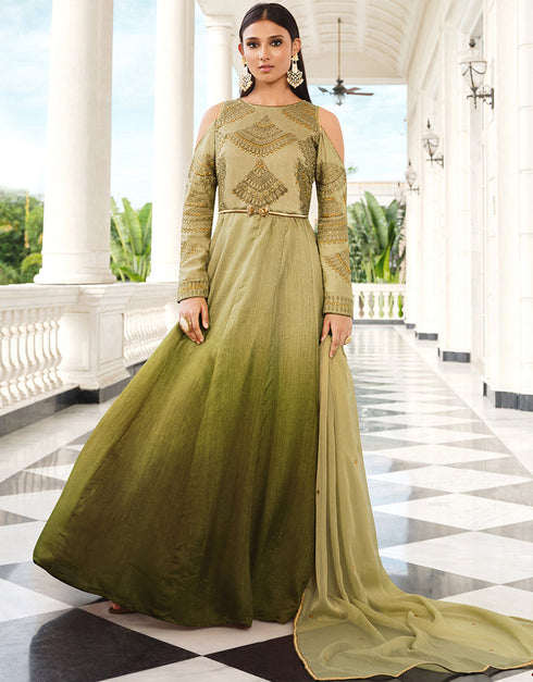chic pista green silk designer party wear readymade salwar suit with dark mehnadi santoon 13447-prt19414 Front View