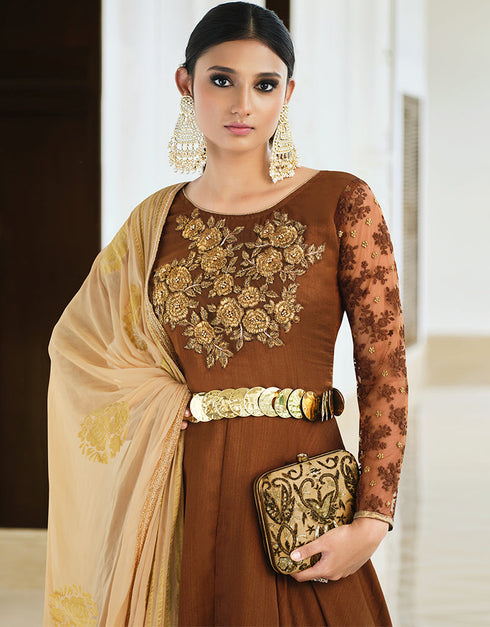 trendy chocklate brown handloom silk designer party wear readymade salwar suit with beige khadi silk 13447-prt19415 Close-up View