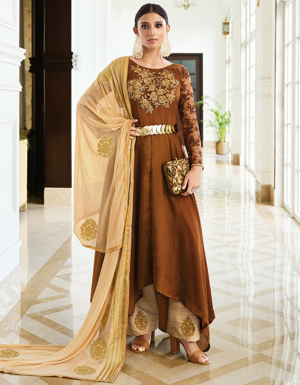 trendy chocklate brown handloom silk designer party wear readymade salwar suit with beige khadi silk 13447-prt19415 Front View