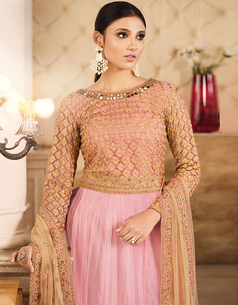 elegant peach net designer party wear readymade salwar suit with peach santoon 13447-prt19416 Front View