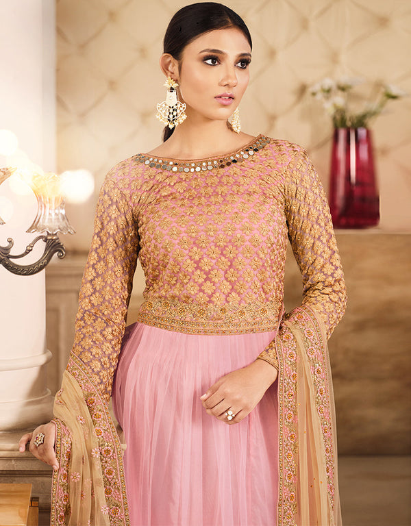 elegant peach net designer party wear readymade salwar suit with peach santoon 13447-prt19416 Front View